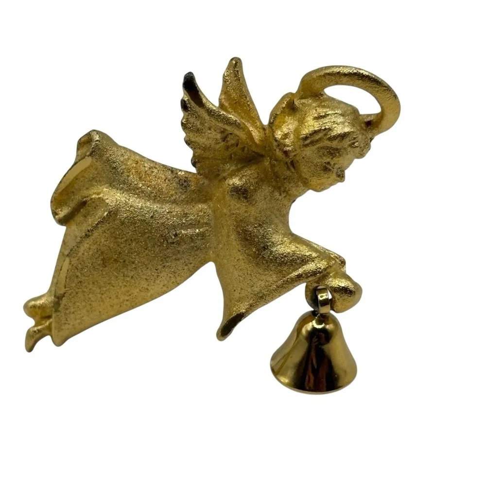 Flying Angel Brooch Pin w/ Bell Gold Tone Matte Textured VTG Religious Christian